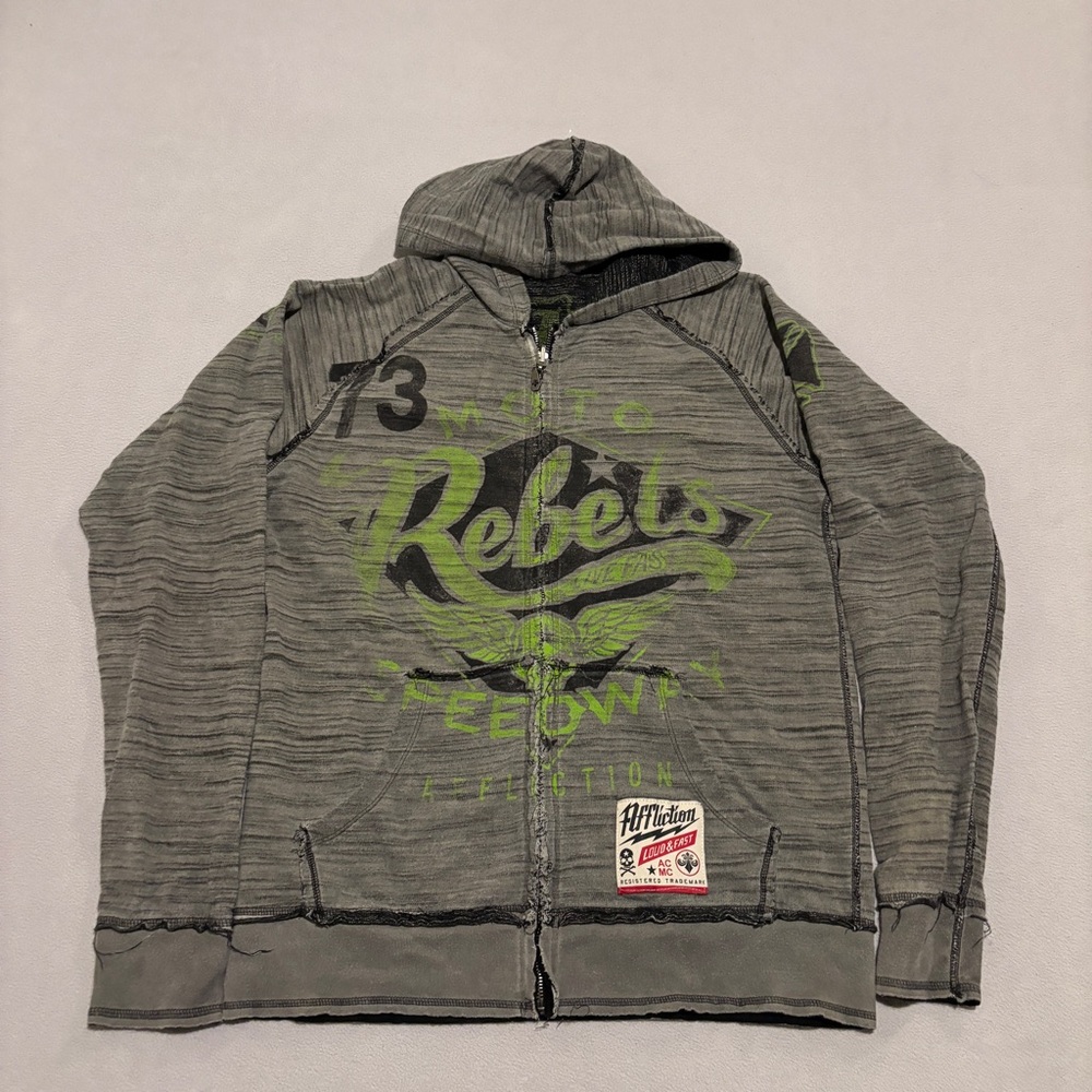 Affliction Full ZIp Up Hoodie Mens‎ Medium Skull Grunge Gothic Reversible